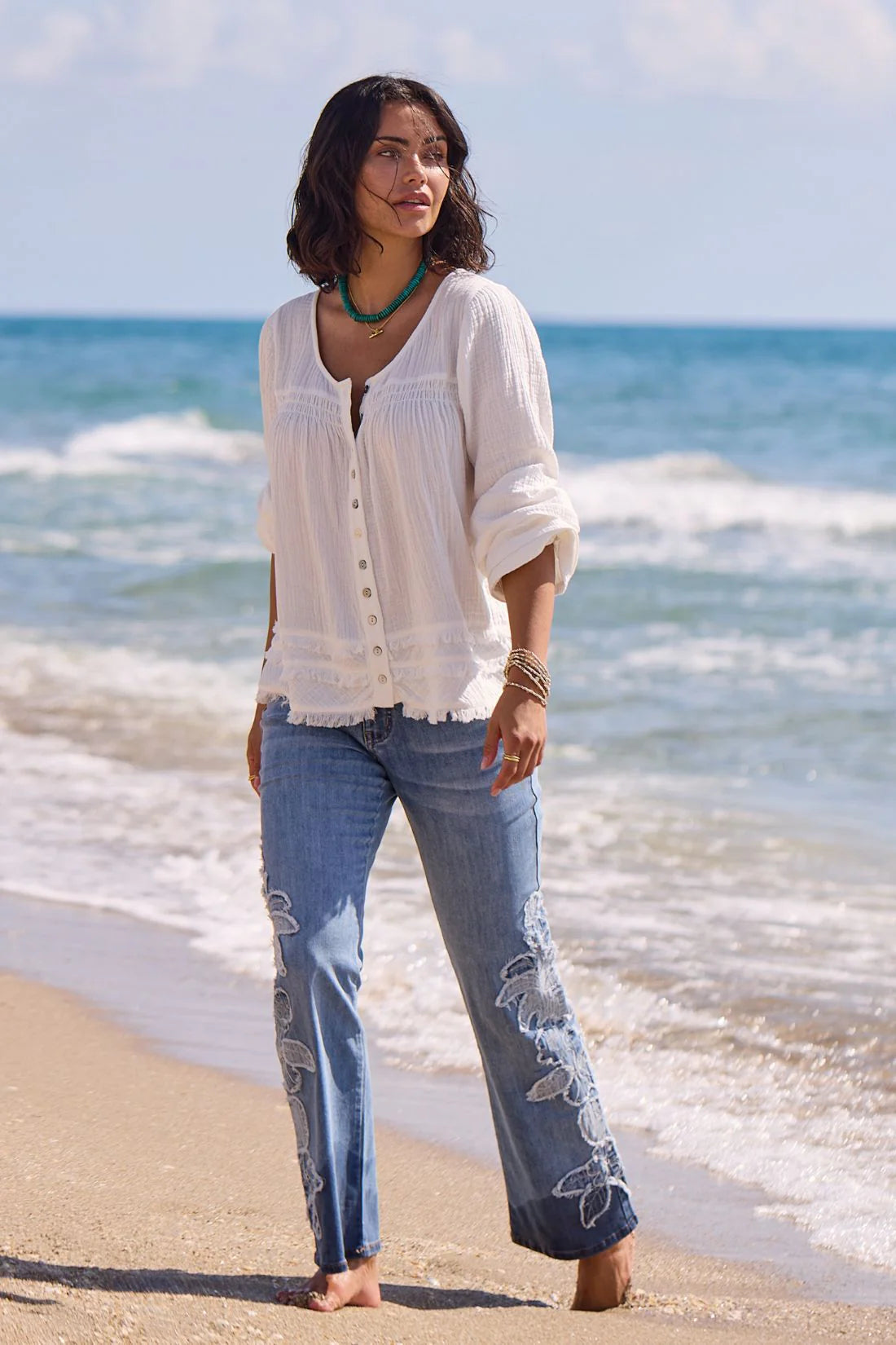 TRIBAL COTTON GAUZE BALLOON SLEEVE BOHO BLOUSE