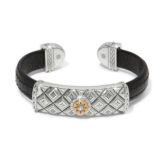 Brighton Mosaic Two Tone Black Leather Bar Cuff Bracelet
