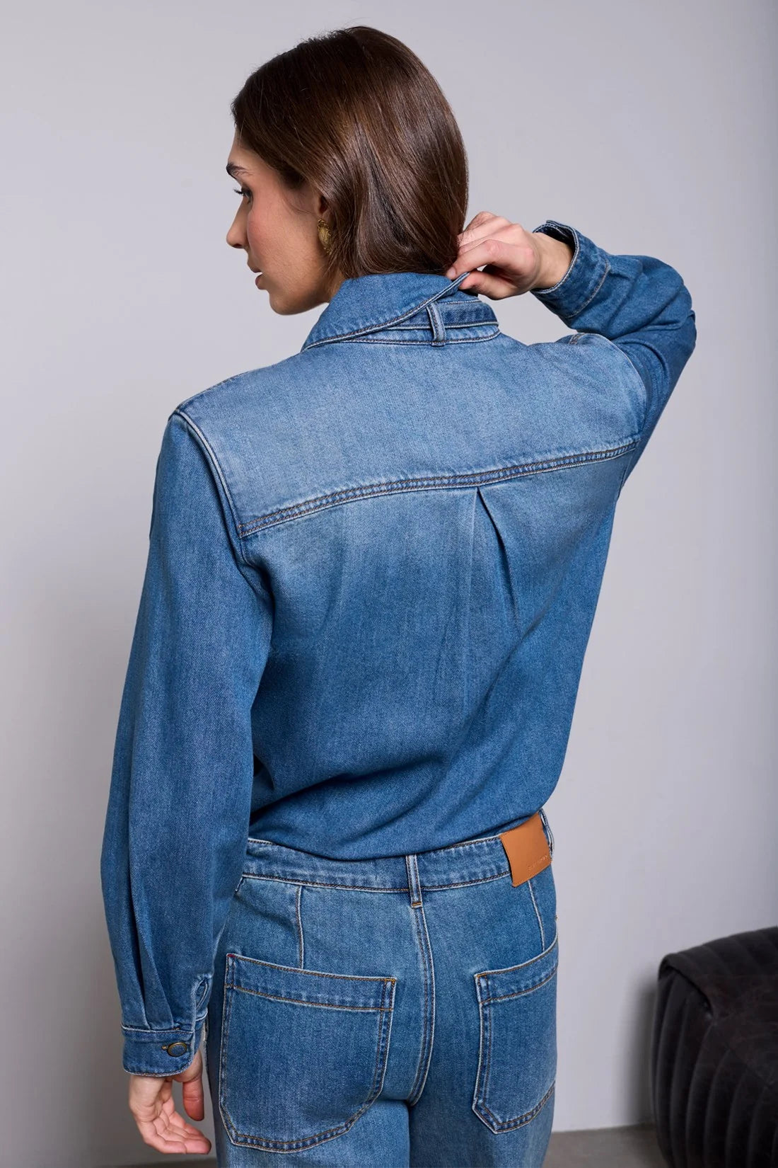 TRIBAL BLUE THREAD SELF-TIE BOW BUTTON FRONT DENIM BLOUSE