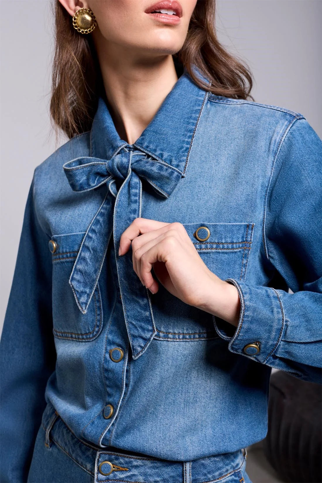 TRIBAL BLUE THREAD SELF-TIE BOW BUTTON FRONT DENIM BLOUSE