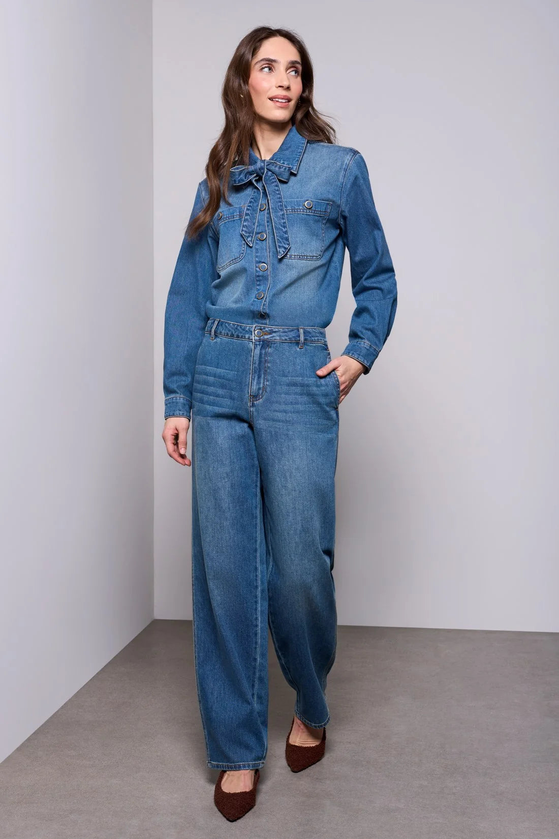 TRIBAL BLUE THREAD SELF-TIE BOW BUTTON FRONT DENIM BLOUSE