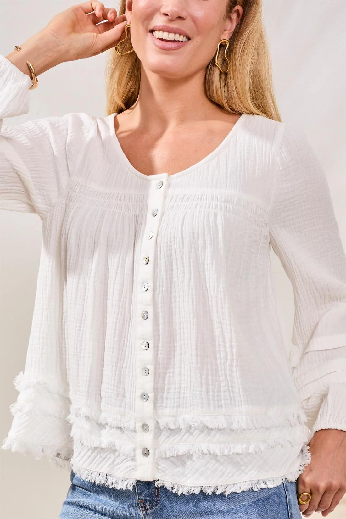 TRIBAL COTTON GAUZE BALLOON SLEEVE BOHO BLOUSE