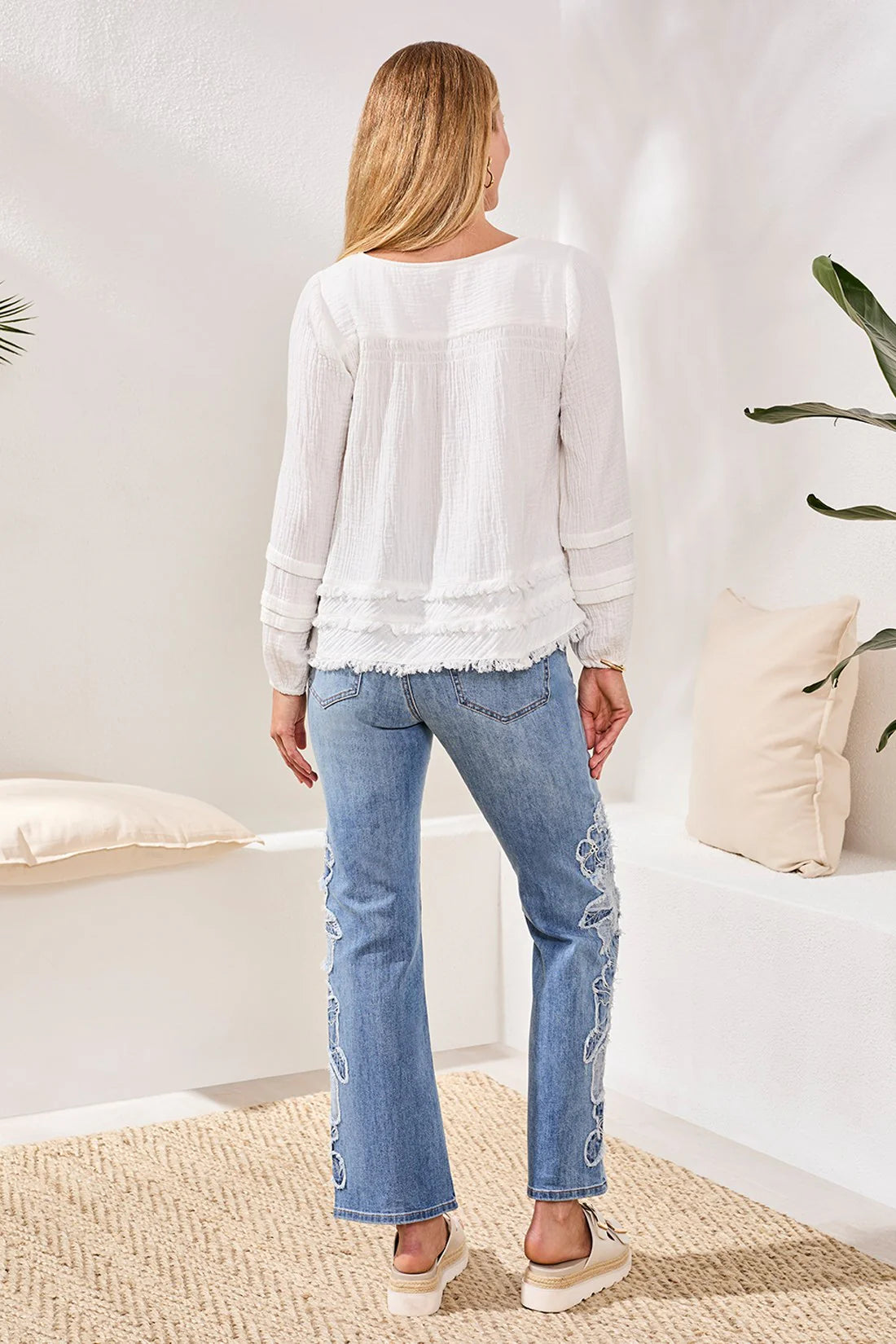 TRIBAL COTTON GAUZE BALLOON SLEEVE BOHO BLOUSE