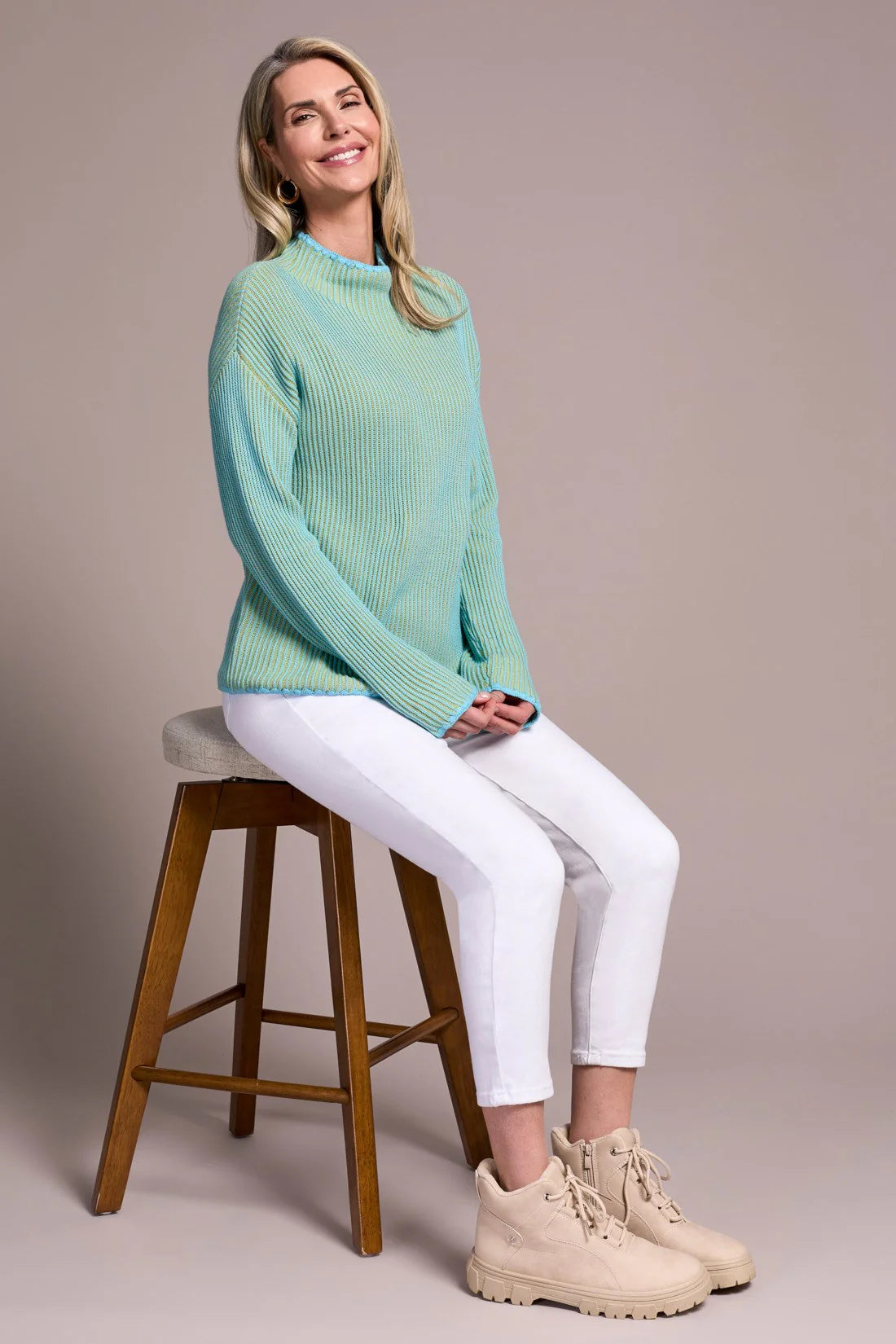 TRIBAL COMBED COTTON TWO-TONE RIB FUNNEL NECK SWEATER
