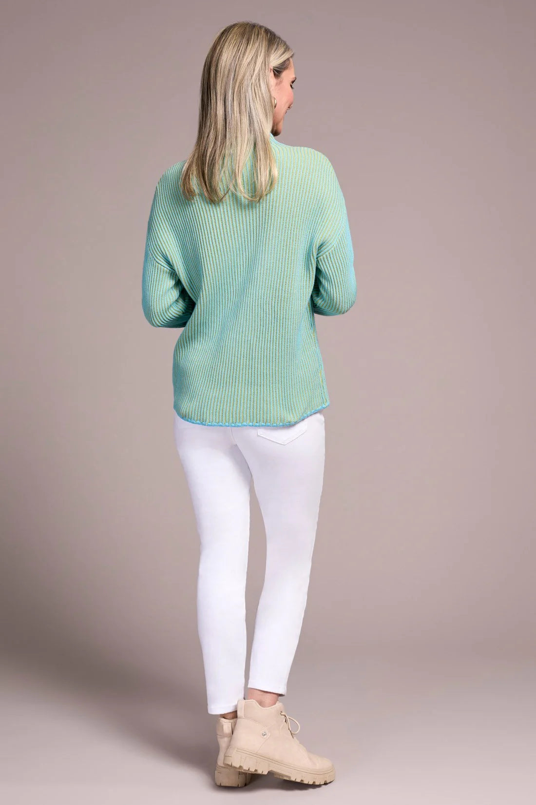 TRIBAL COMBED COTTON TWO-TONE RIB FUNNEL NECK SWEATER