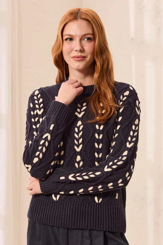 TRIBAL CONTRAST LACE-UP CABLE KNIT CREW NECK SWEATER