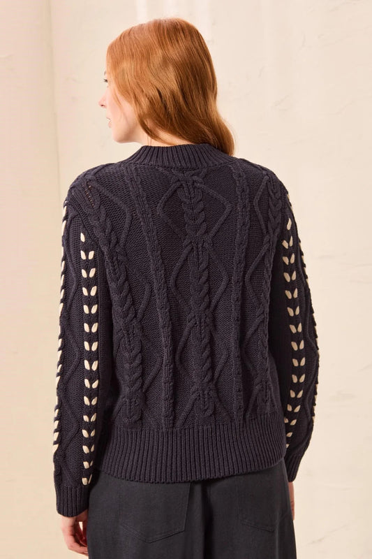 TRIBAL CONTRAST LACE-UP CABLE KNIT CREW NECK SWEATER