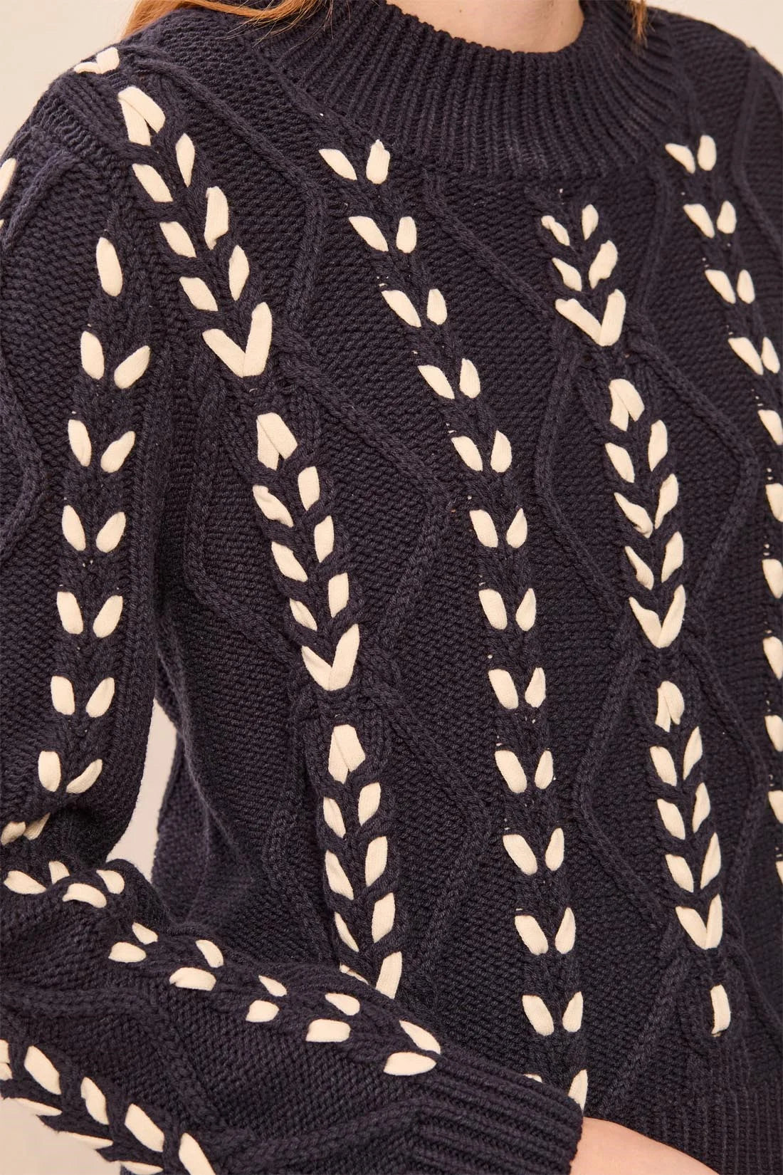 TRIBAL CONTRAST LACE-UP CABLE KNIT CREW NECK SWEATER