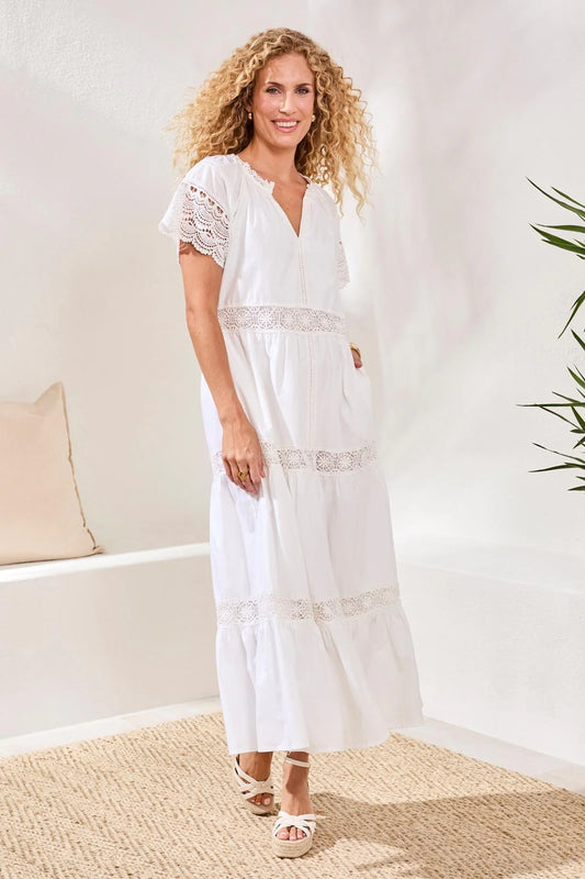 TRIBAL COTTON POPLIN LACE-TRIM TIERED V-NECK MAXI DRESS