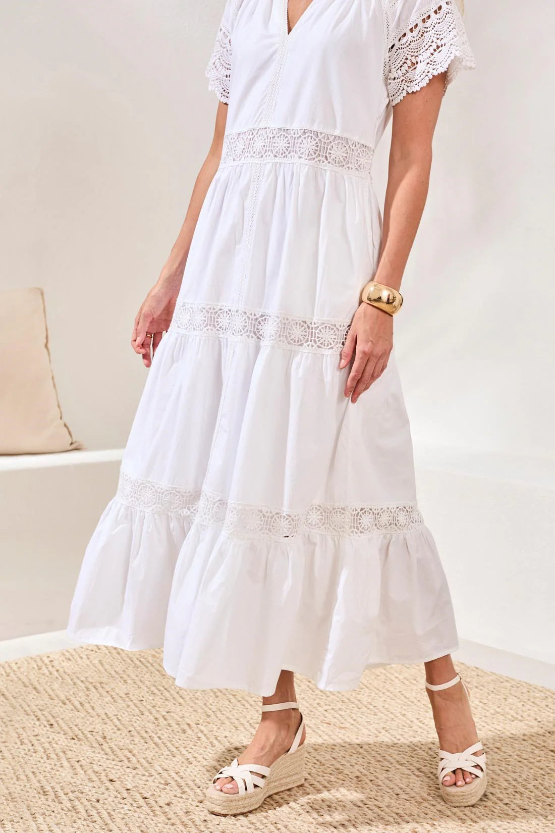 TRIBAL COTTON POPLIN LACE-TRIM TIERED V-NECK MAXI DRESS