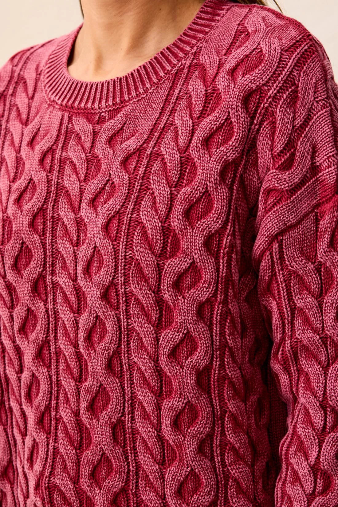 TRIBAL CABLE KNIT SPECIAL WASH CREW NECK SWEATER