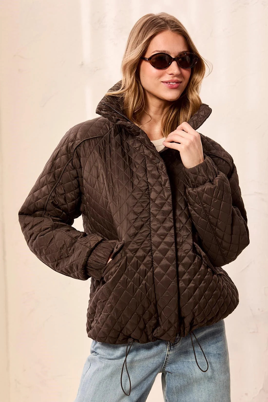 TRIBAL Diamond Quilted Mock Neck Puffer Bomber Coat