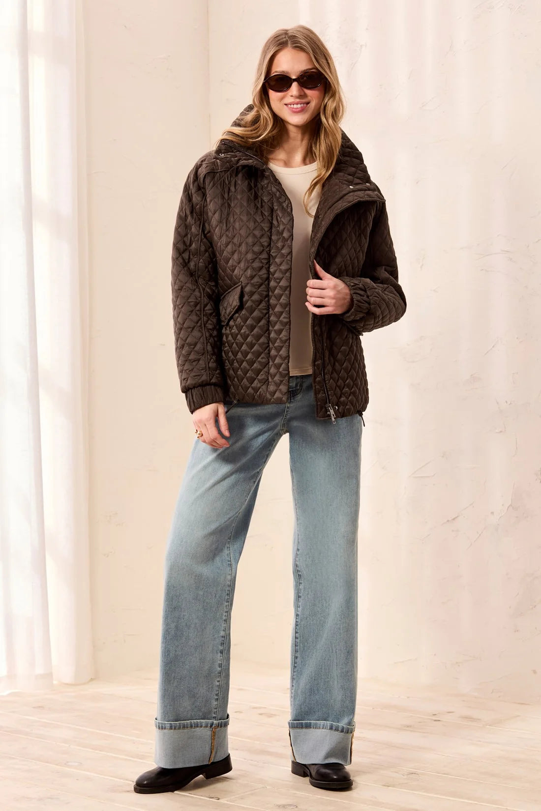 TRIBAL Diamond Quilted Mock Neck Puffer Bomber Coat