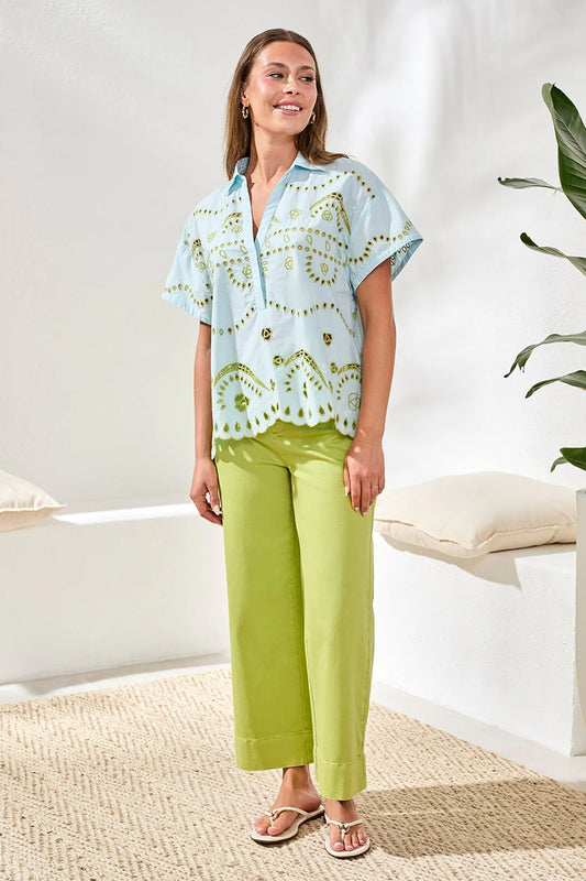 TRIBAL EMBROIDERED POPLIN SHORT SLEEVE BLOUSE