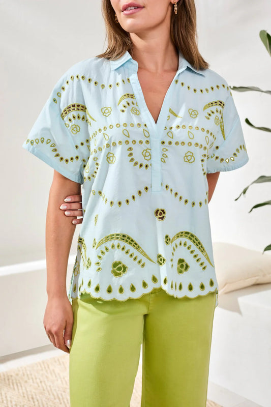 TRIBAL EMBROIDERED POPLIN SHORT SLEEVE BLOUSE