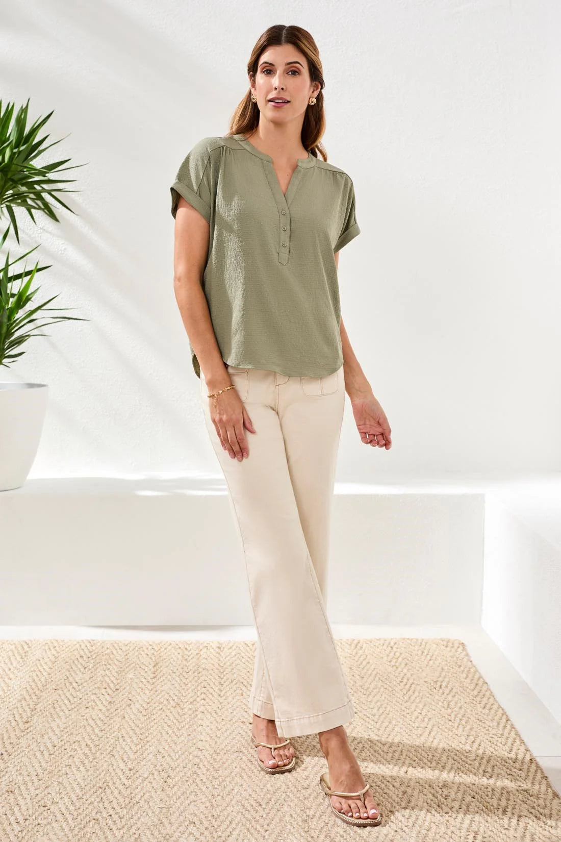 TRIBAL BUTTON-FRONT EXTENDED CAP SLEEVE BLOUSE