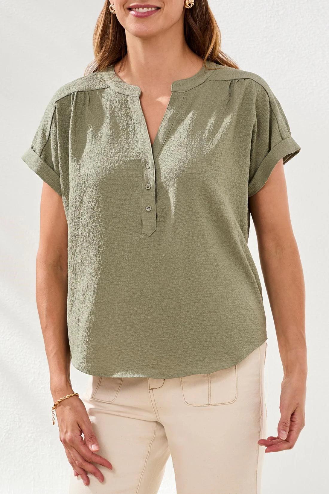 TRIBAL BUTTON-FRONT EXTENDED CAP SLEEVE BLOUSE