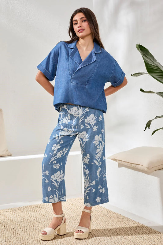 TRIBAL FLOWY POPOVER DENIM SHIRT WITH SHORT SLEEVES