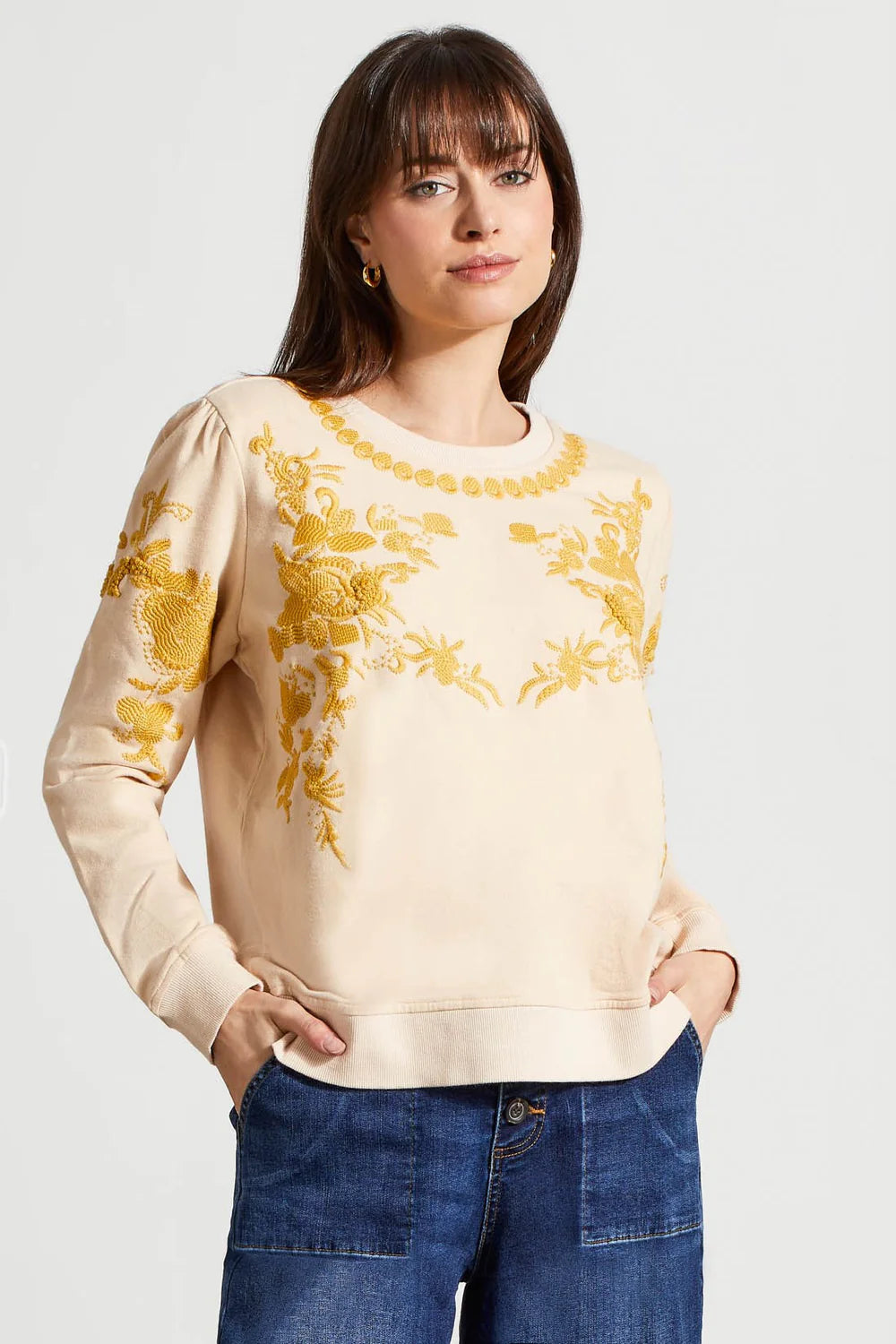 TRIBAL FRENCH TERRY CREW NECK TOP WITH EMBROIDERY