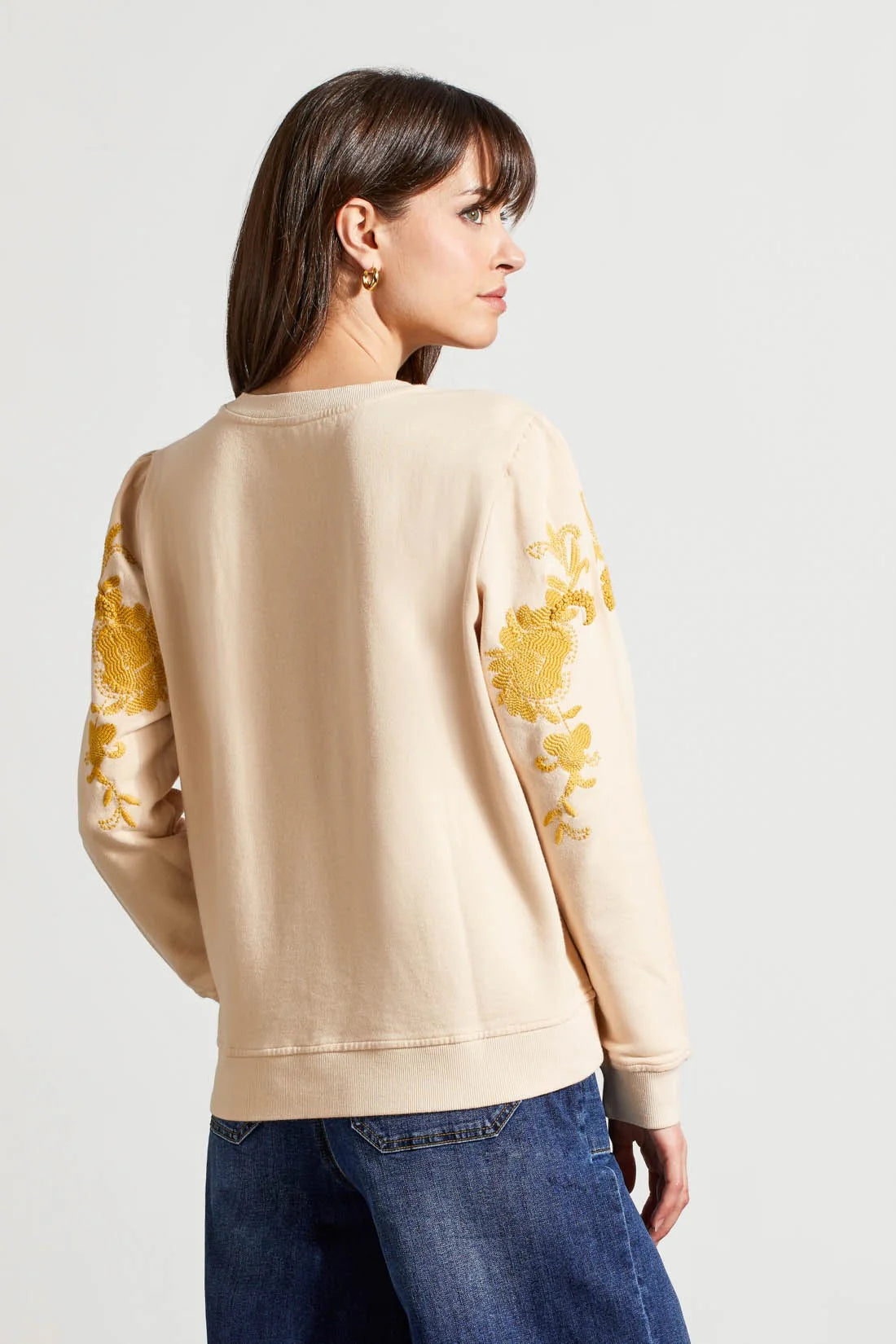 TRIBAL FRENCH TERRY CREW NECK TOP WITH EMBROIDERY