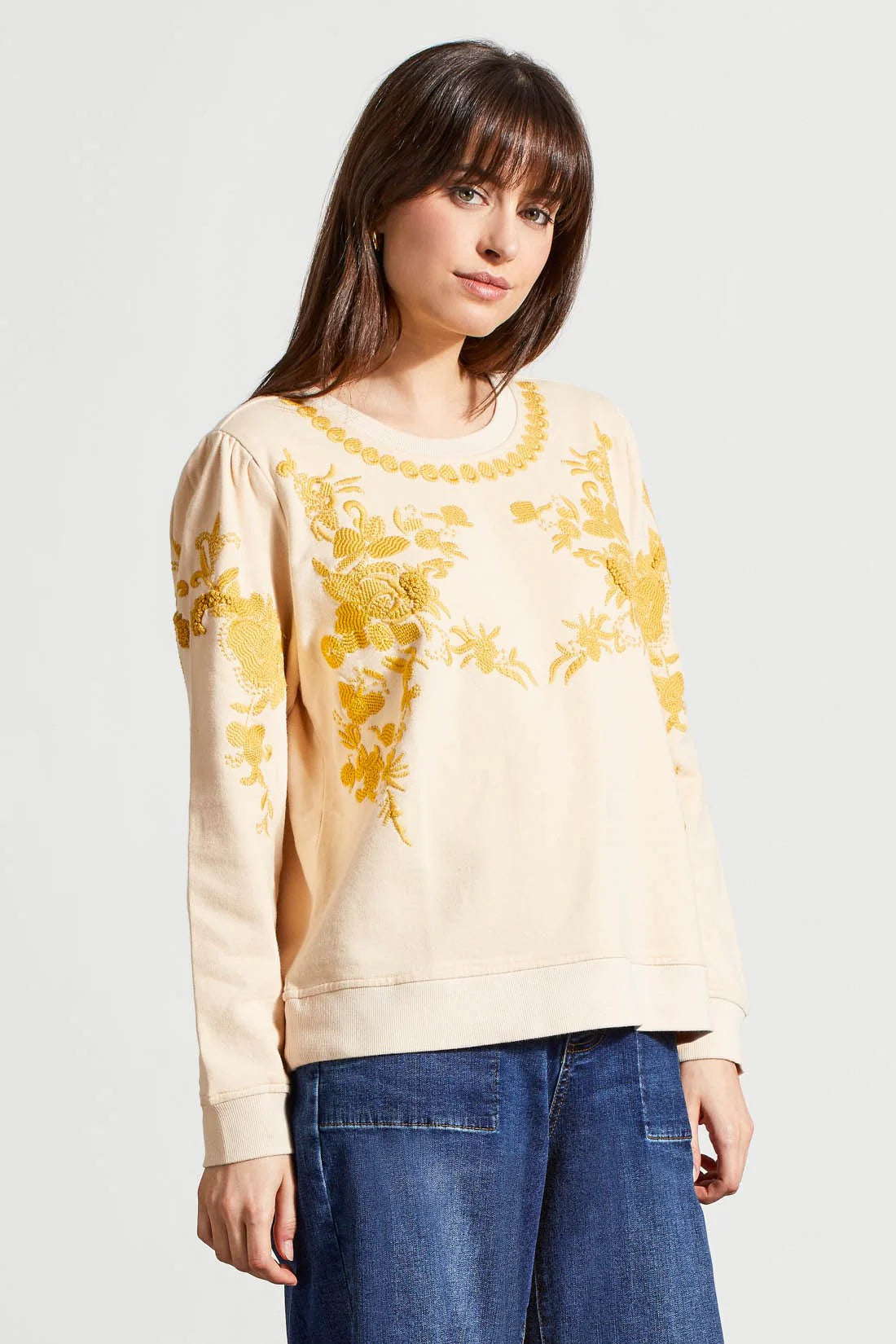 TRIBAL FRENCH TERRY CREW NECK TOP WITH EMBROIDERY