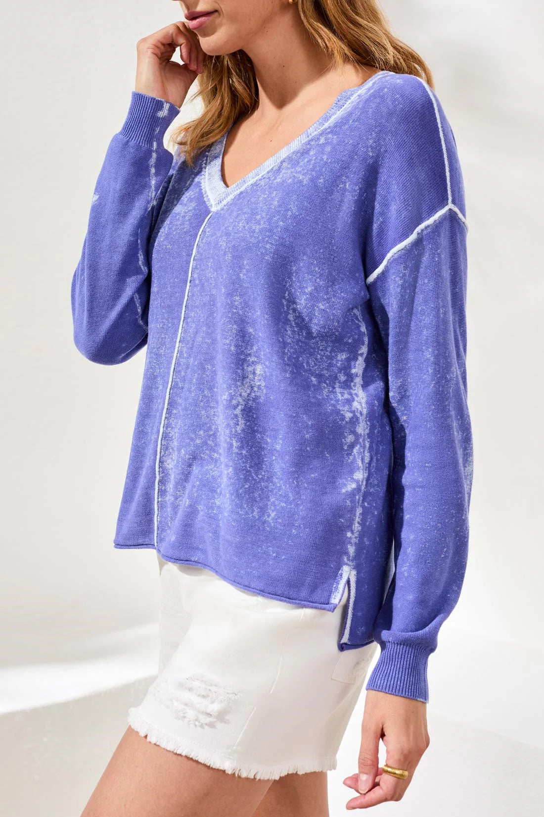 TRIBAL Baja Blue Lightweight Cotton V-Neck Sweater With Special Wash