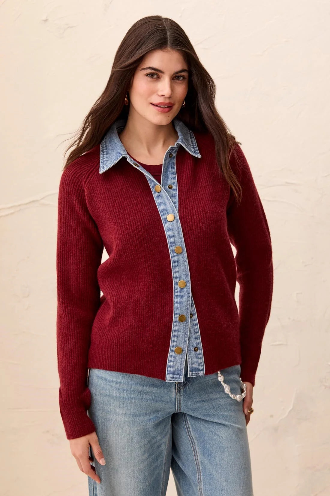TRIBAL MIXED MEDIA SWEATER JACKET WITH DENIM TRIM DETAIL - CherryLaquer