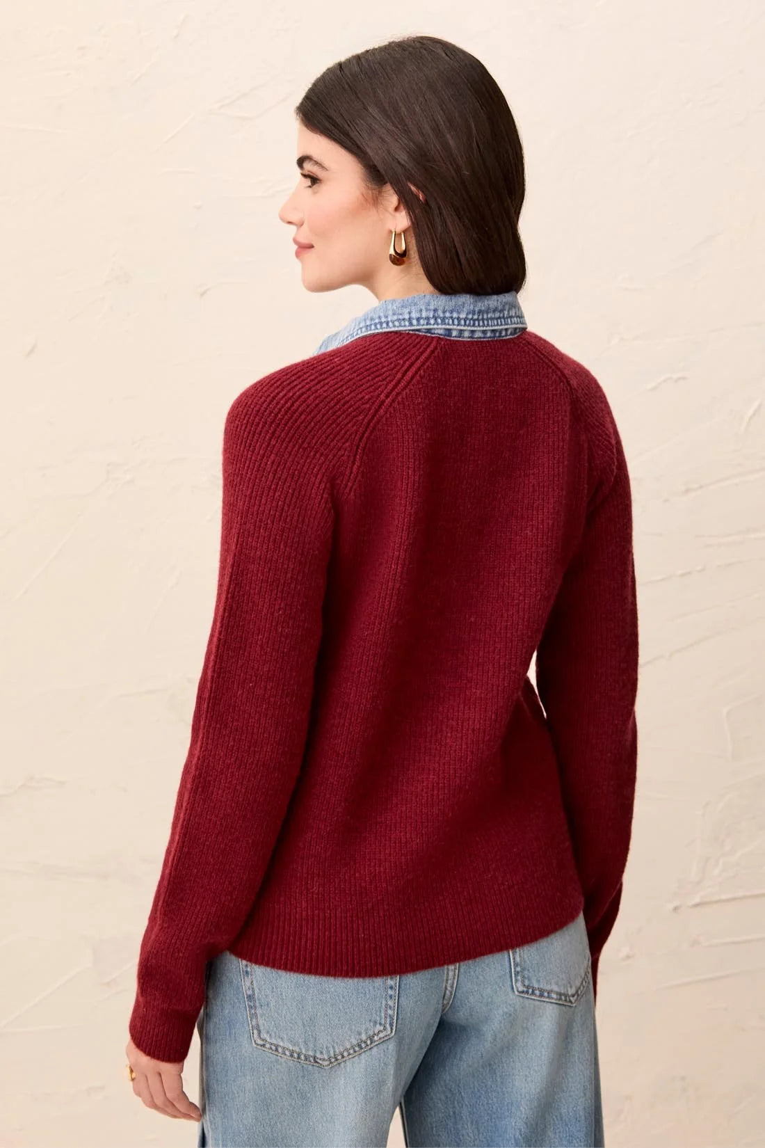 TRIBAL MIXED MEDIA SWEATER JACKET WITH DENIM TRIM DETAIL - CherryLaquer
