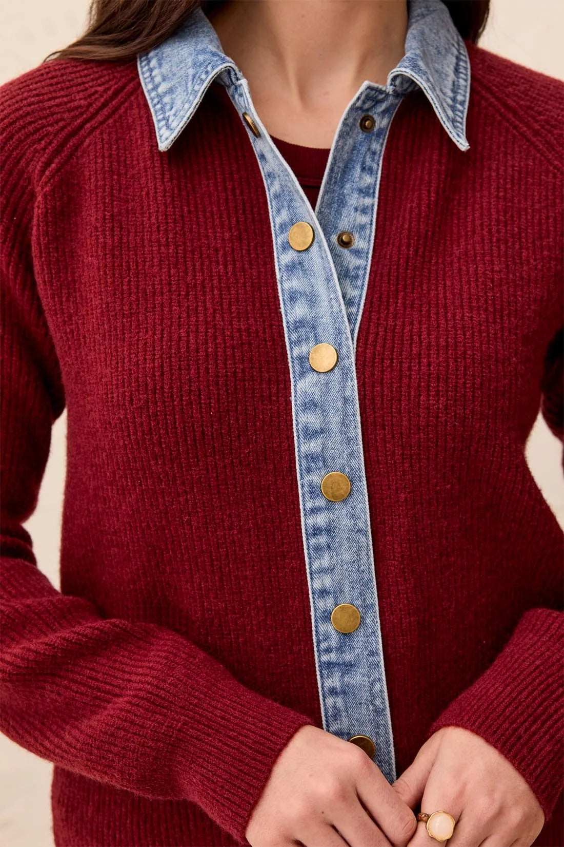 TRIBAL MIXED MEDIA SWEATER JACKET WITH DENIM TRIM DETAIL - CherryLaquer