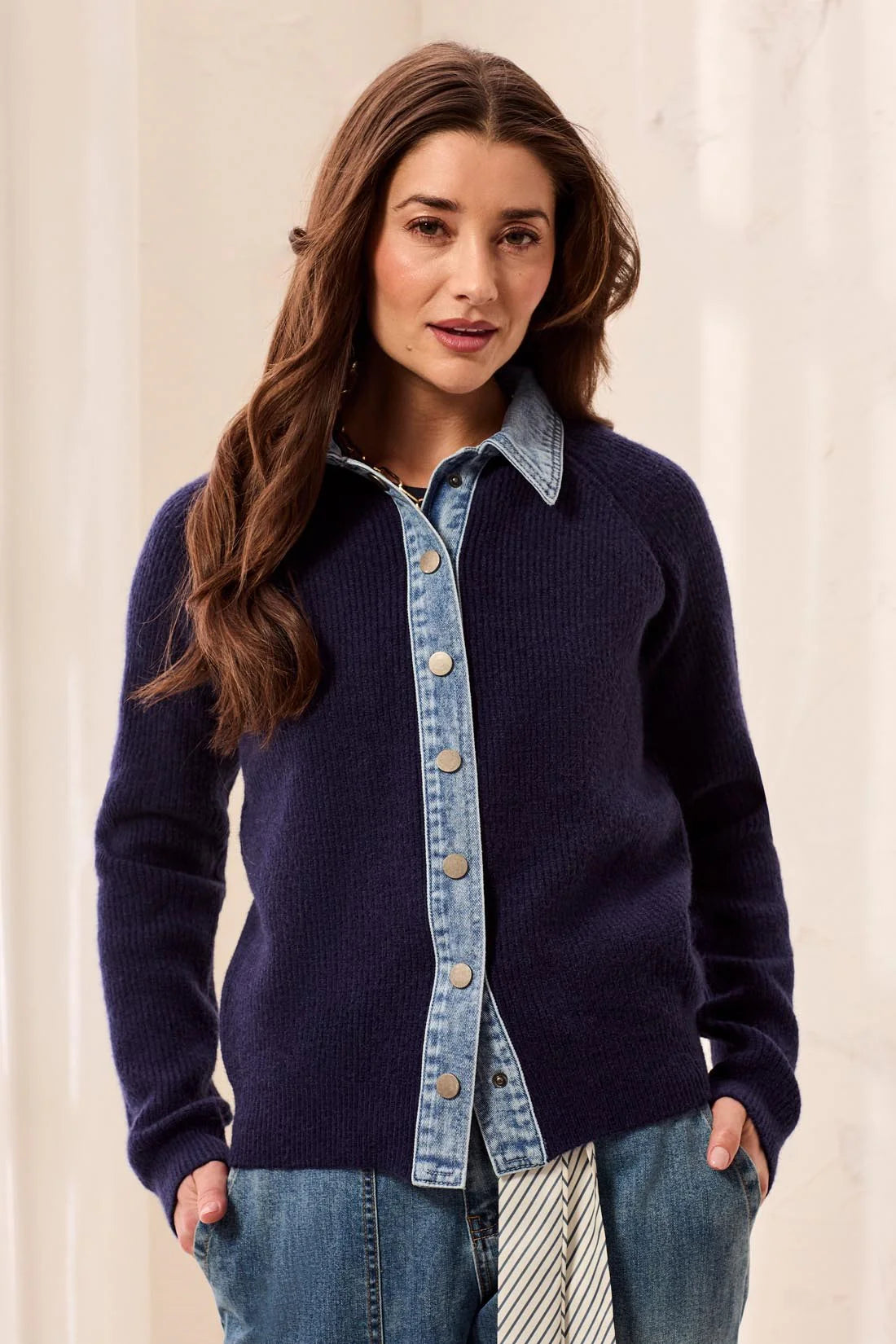 TRIBAL MIXED MEDIA SWEATER JACKET WITH DENIM TRIM DETAIL