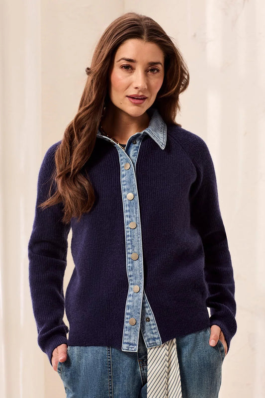 TRIBAL MIXED MEDIA SWEATER JACKET WITH DENIM TRIM DETAIL