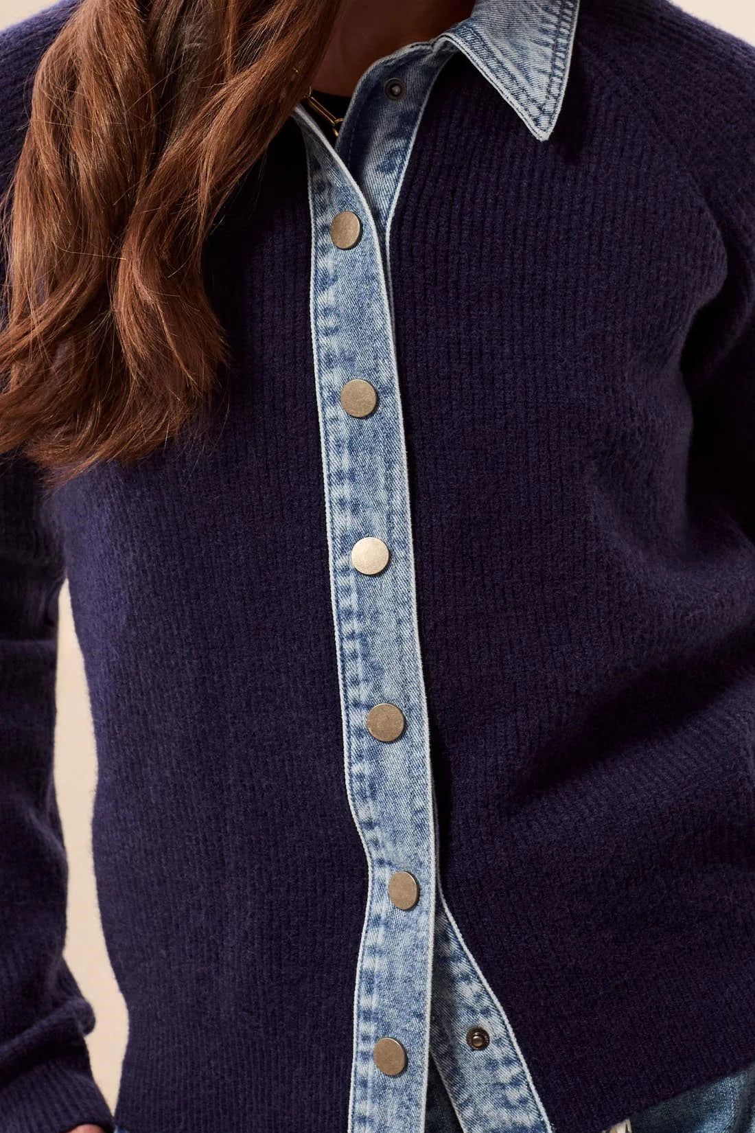 TRIBAL MIXED MEDIA SWEATER JACKET WITH DENIM TRIM DETAIL
