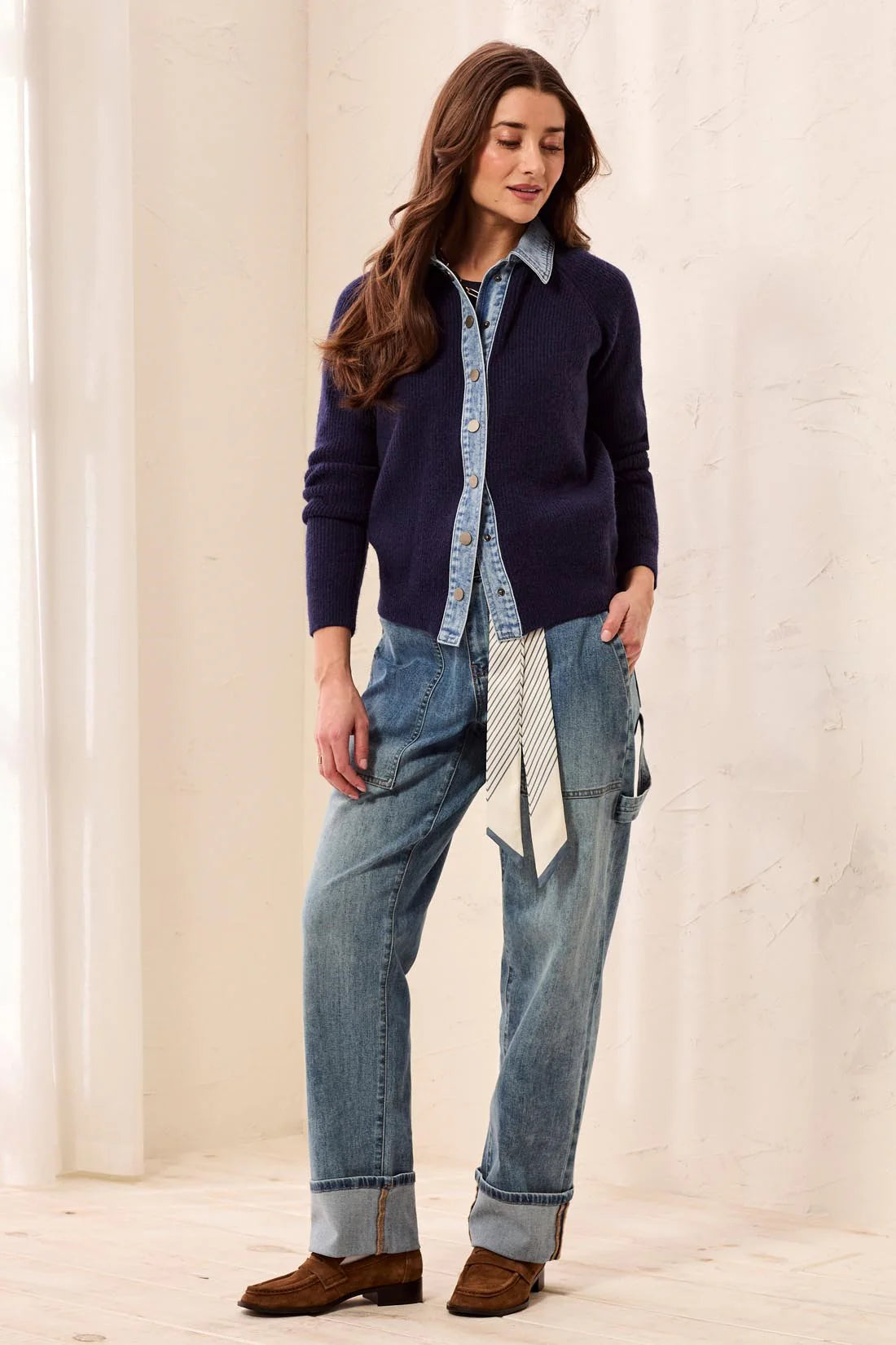 TRIBAL MIXED MEDIA SWEATER JACKET WITH DENIM TRIM DETAIL