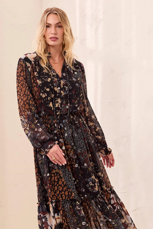 TRIBAL MIXED PRINT DRAMA MAXI DRESS WITH SMOCKED WAIST AND TASSEL-TIE NECK