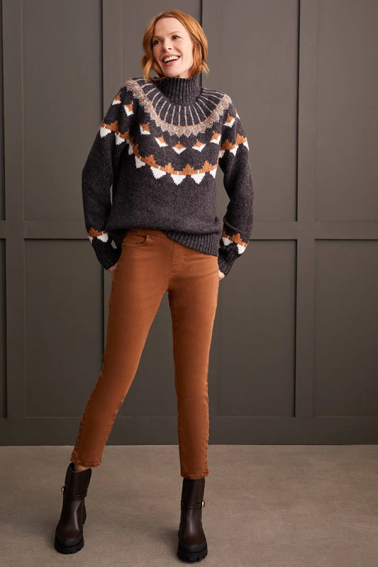 TRIBAL NOVELTY YARN MOCK NECK INTARSIA SWEATER