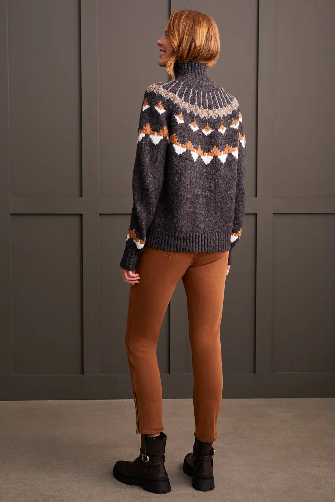 TRIBAL NOVELTY YARN MOCK NECK INTARSIA SWEATER