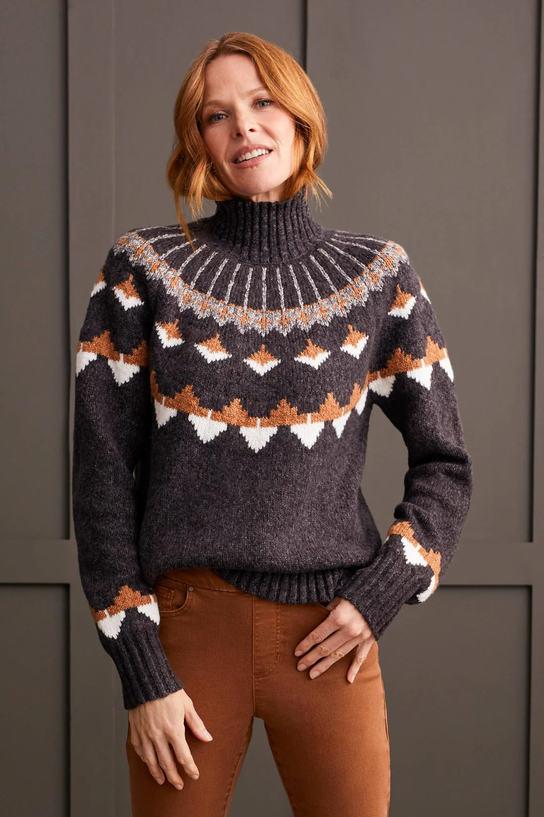 TRIBAL NOVELTY YARN MOCK NECK INTARSIA SWEATER