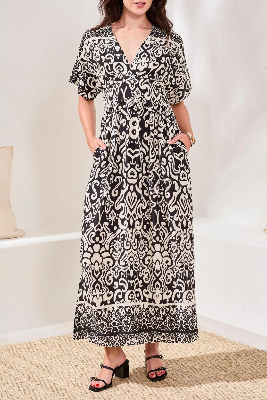 TRIBAL PRINTED SOFT CHALLIS V-NECK EMPIRE WAIST MAXI DRESS