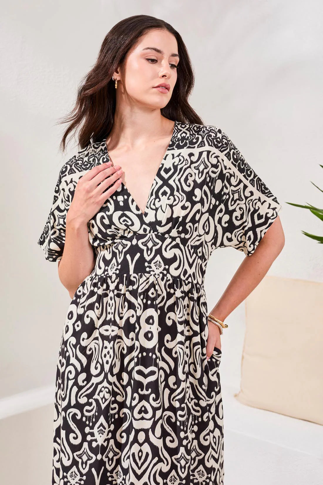 TRIBAL PRINTED SOFT CHALLIS V-NECK EMPIRE WAIST MAXI DRESS