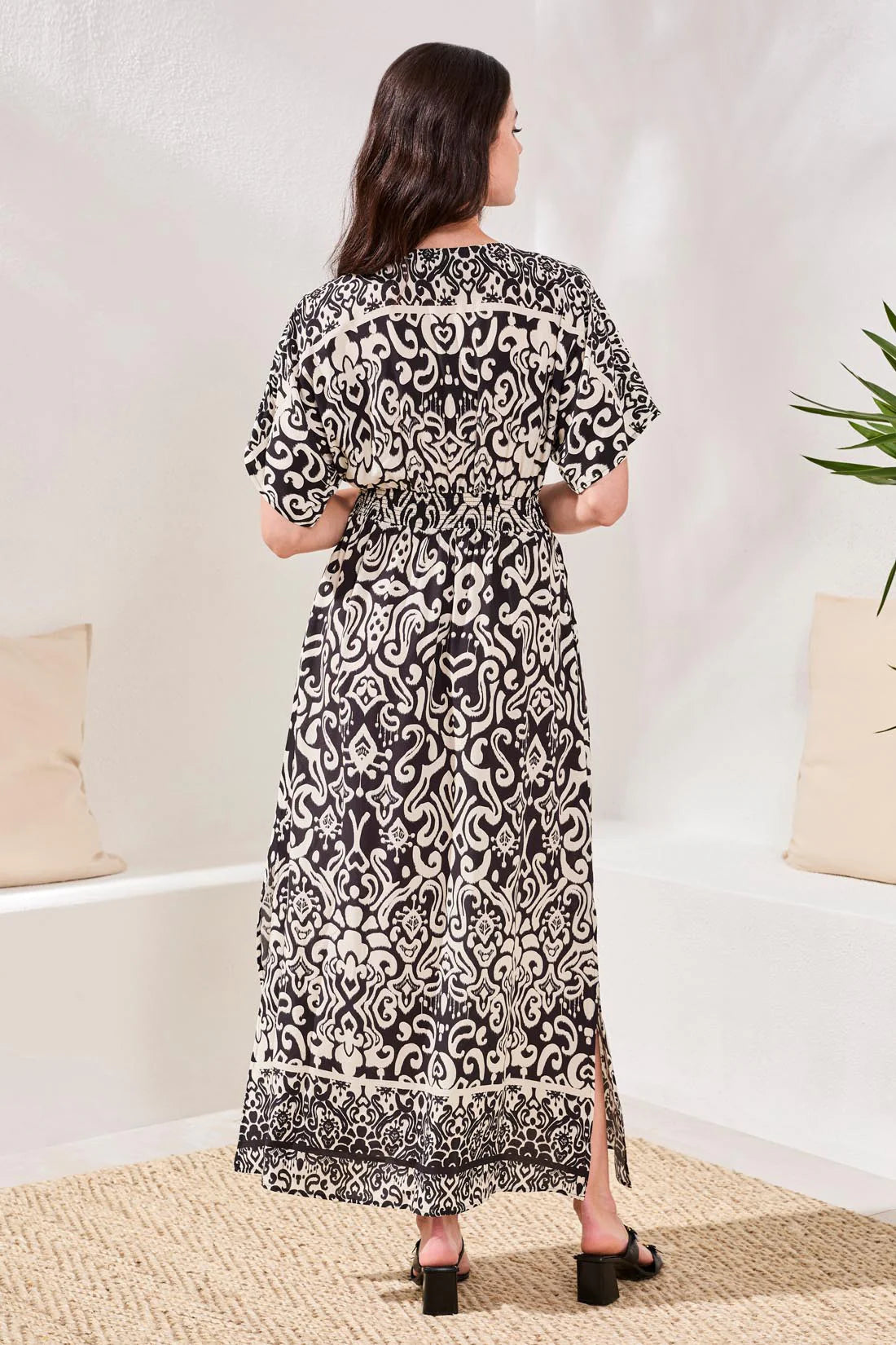 TRIBAL PRINTED SOFT CHALLIS V-NECK EMPIRE WAIST MAXI DRESS