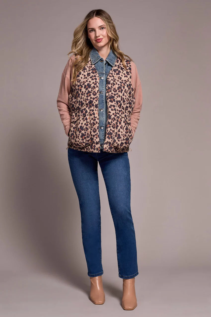 TRIBAL PRINTED LEOPARD SHELL FOOLER PUFFER DENIM VEST