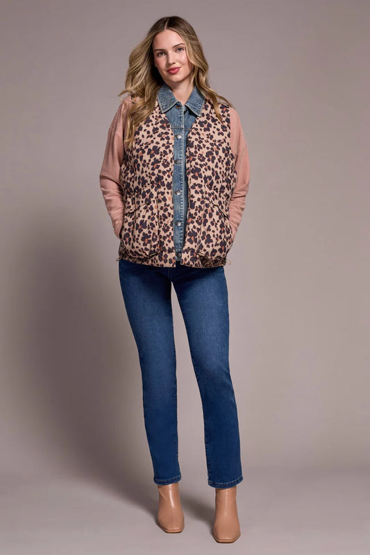 TRIBAL PRINTED LEOPARD SHELL FOOLER PUFFER DENIM VEST