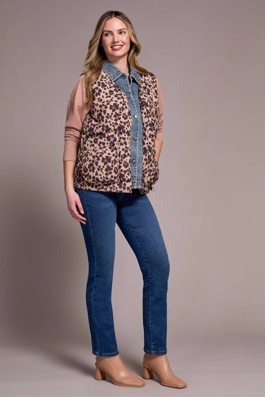 TRIBAL PRINTED LEOPARD SHELL FOOLER PUFFER DENIM VEST