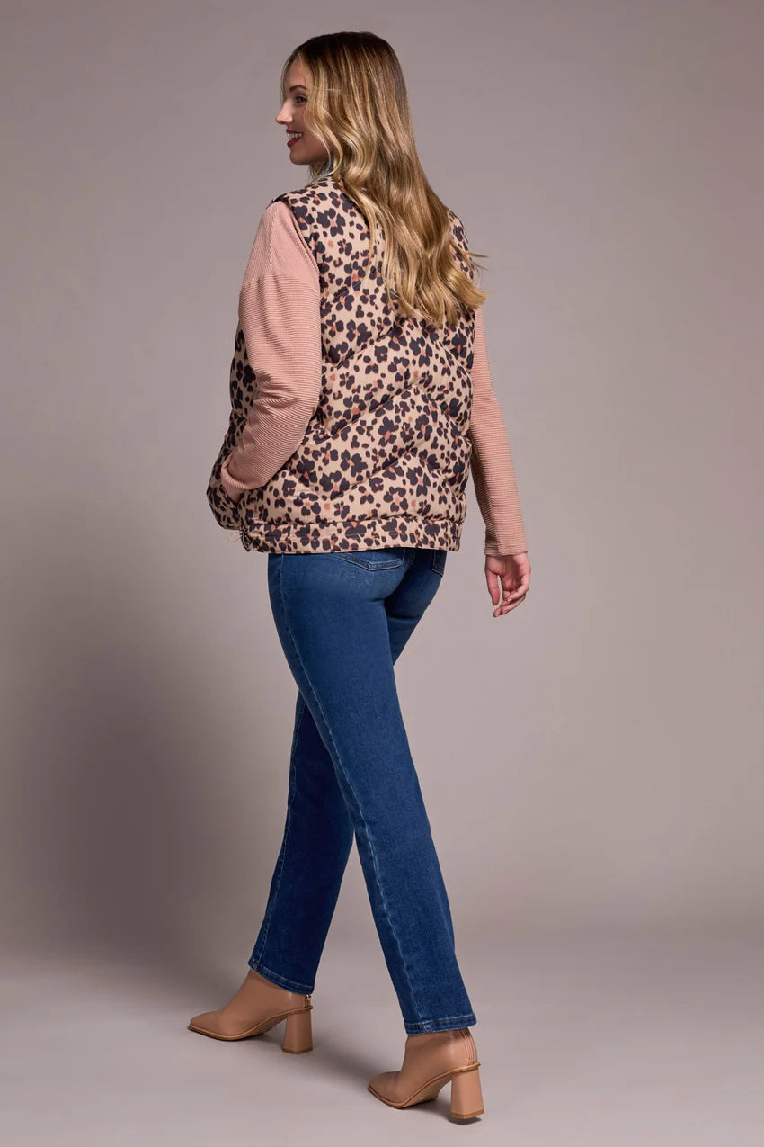 TRIBAL PRINTED LEOPARD SHELL FOOLER PUFFER DENIM VEST