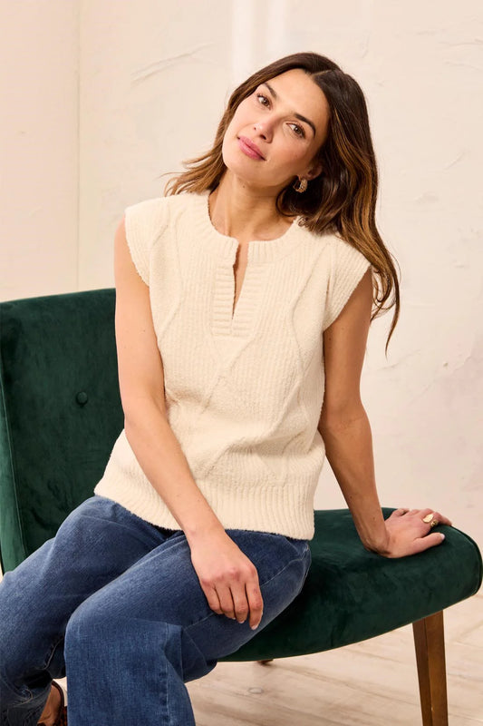 TRIBAL SOFT SPLIT CREW NECK SLEEVELESS SWEATER
