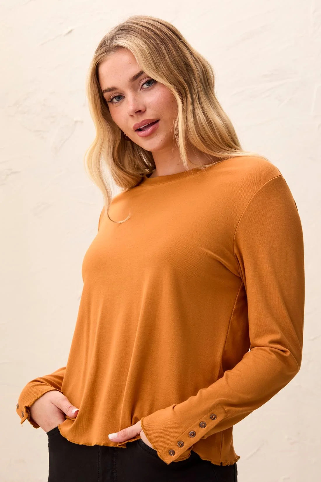 TRIBAL Soft Viscose Long Sleeve Button Cuff Knit Top