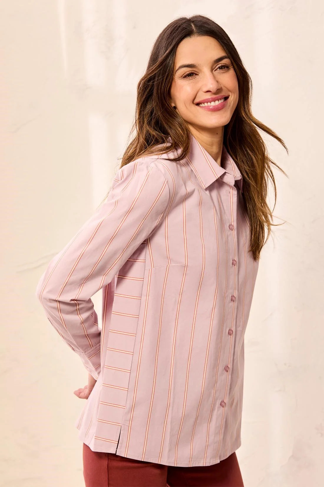 TRIBAL Striped Stretch Poplin Long Sleeve Button Front Shirt - Violetice