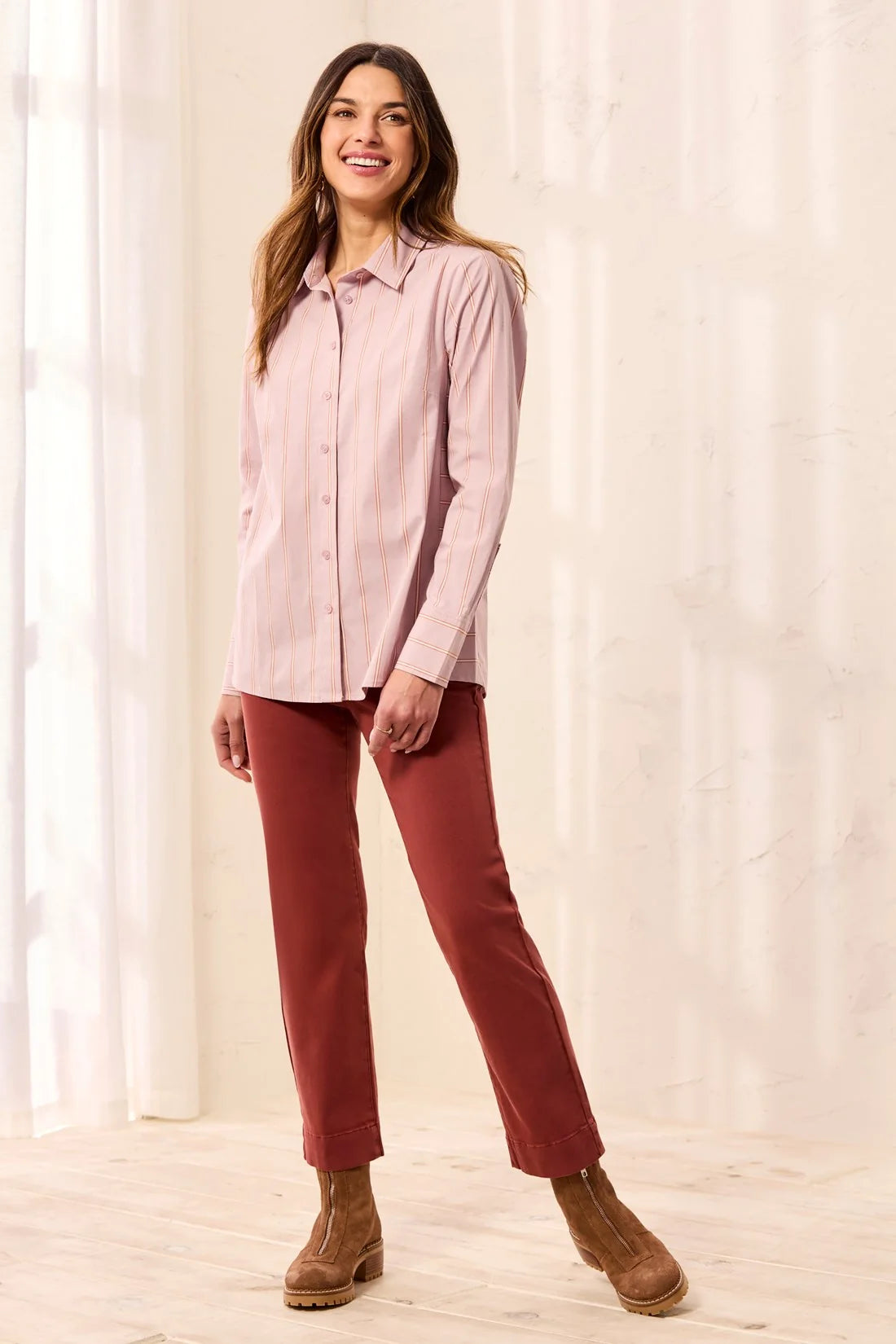 TRIBAL Striped Stretch Poplin Long Sleeve Button Front Shirt - Violetice