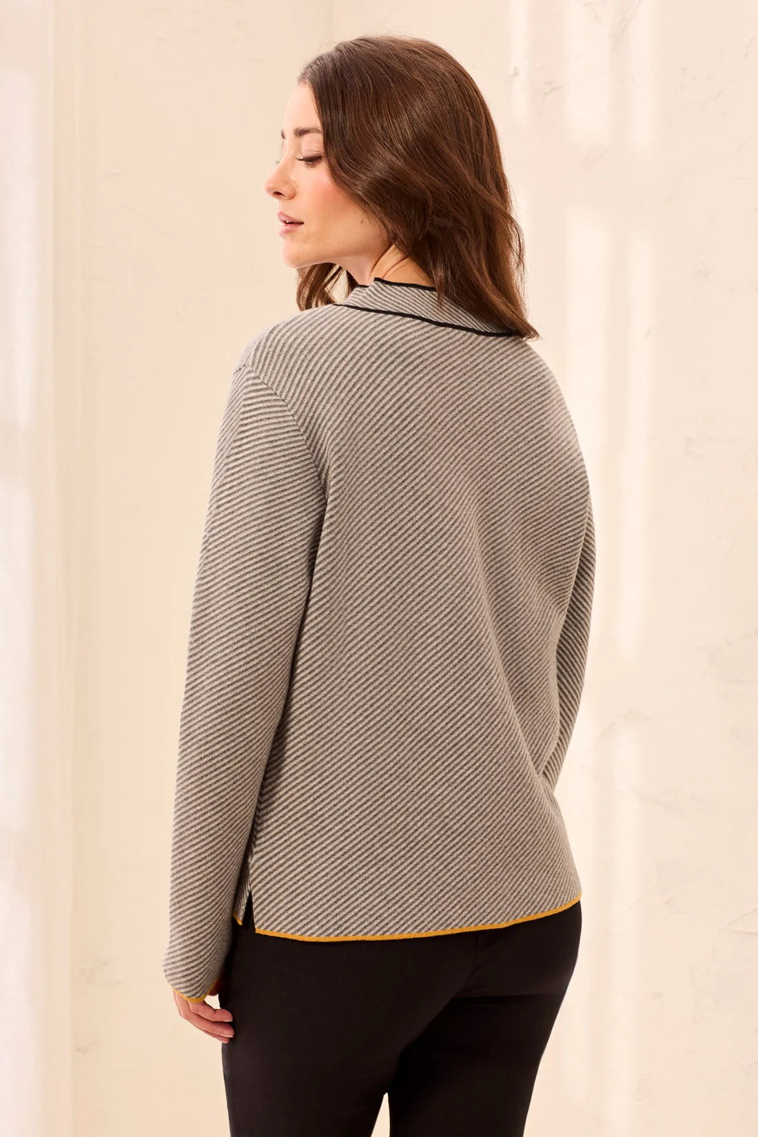TEXTURED DIAGONAL STRIPE SPLIT NECK SWEATER
