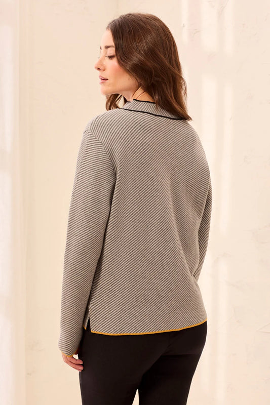 TEXTURED DIAGONAL STRIPE SPLIT NECK SWEATER